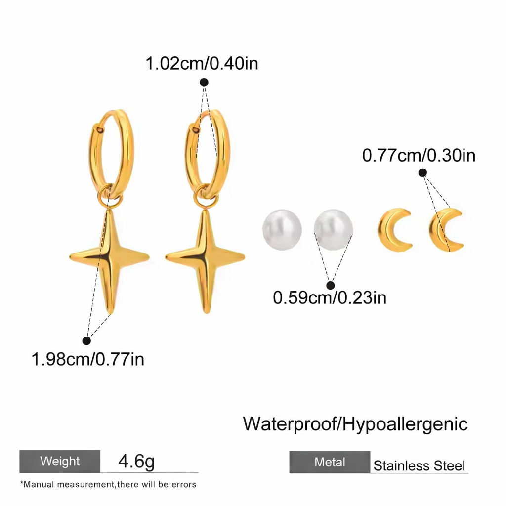 SunKissedBali || Stacking piercing set star moon shell earrings stainless steel 18K gold plated jewelry waterproof  tarnish free