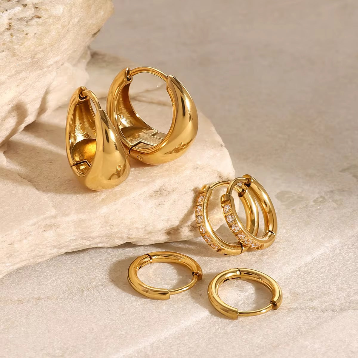 SunKissedBali || Daily stacking set hoop earring stainless steel gold 18K hand polished waterproof tarnish free jewelry