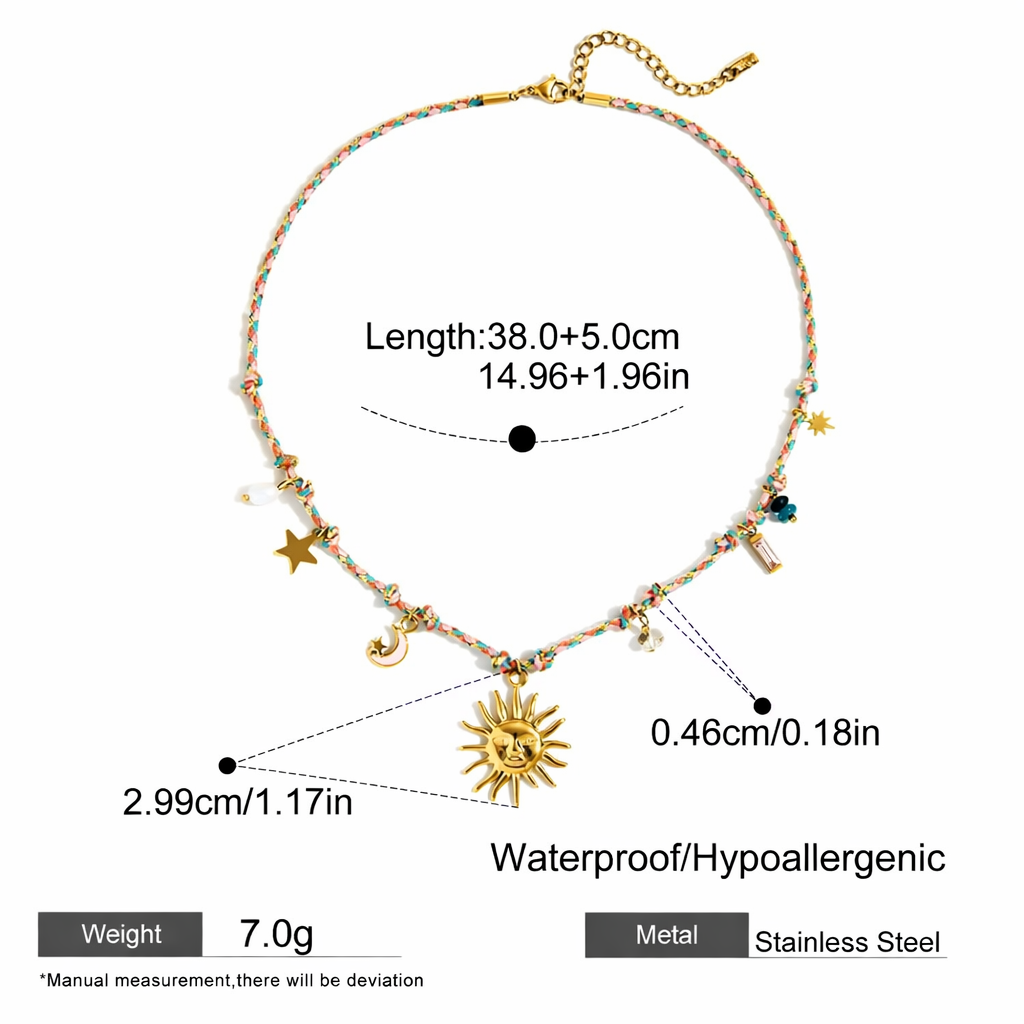 SunKissedBali || Sun Moon Star zirconia braided cord stainless steel 18K gold PVD plated necklace || Charms necklace || pendant summer jewelry || waterproof & tarnish free jewelry