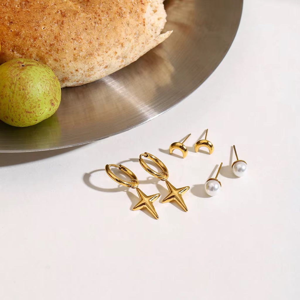 SunKissedBali || Stacking piercing set star moon shell earrings stainless steel 18K gold plated jewelry waterproof  tarnish free