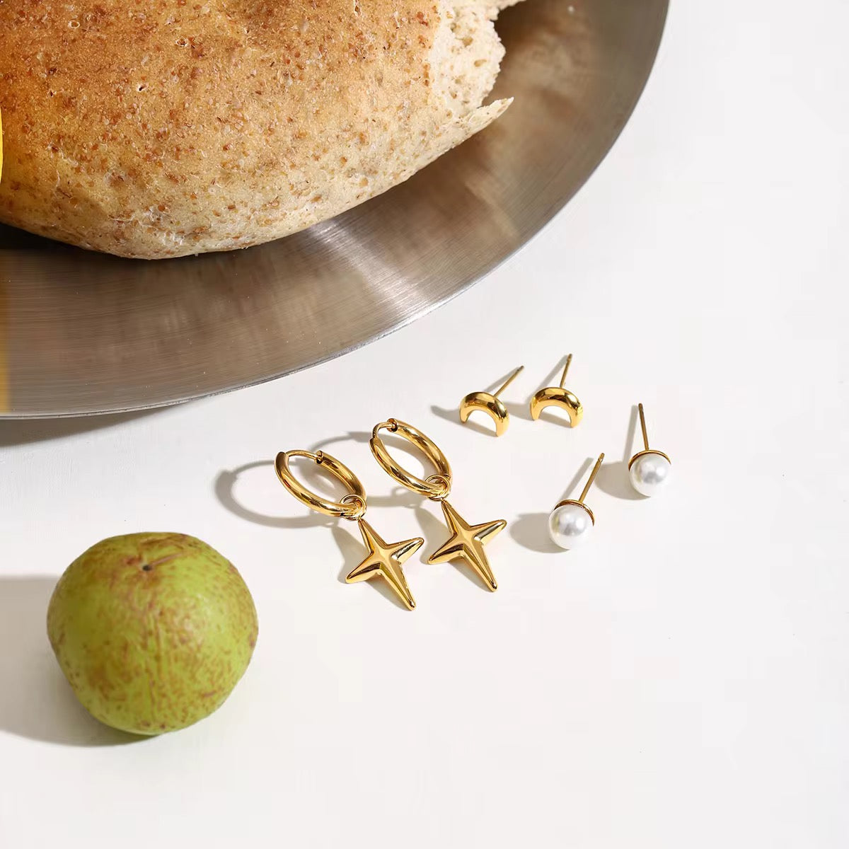 SunKissedBali || Stacking piercing set star moon shell earrings stainless steel 18K gold plated jewelry waterproof  tarnish free