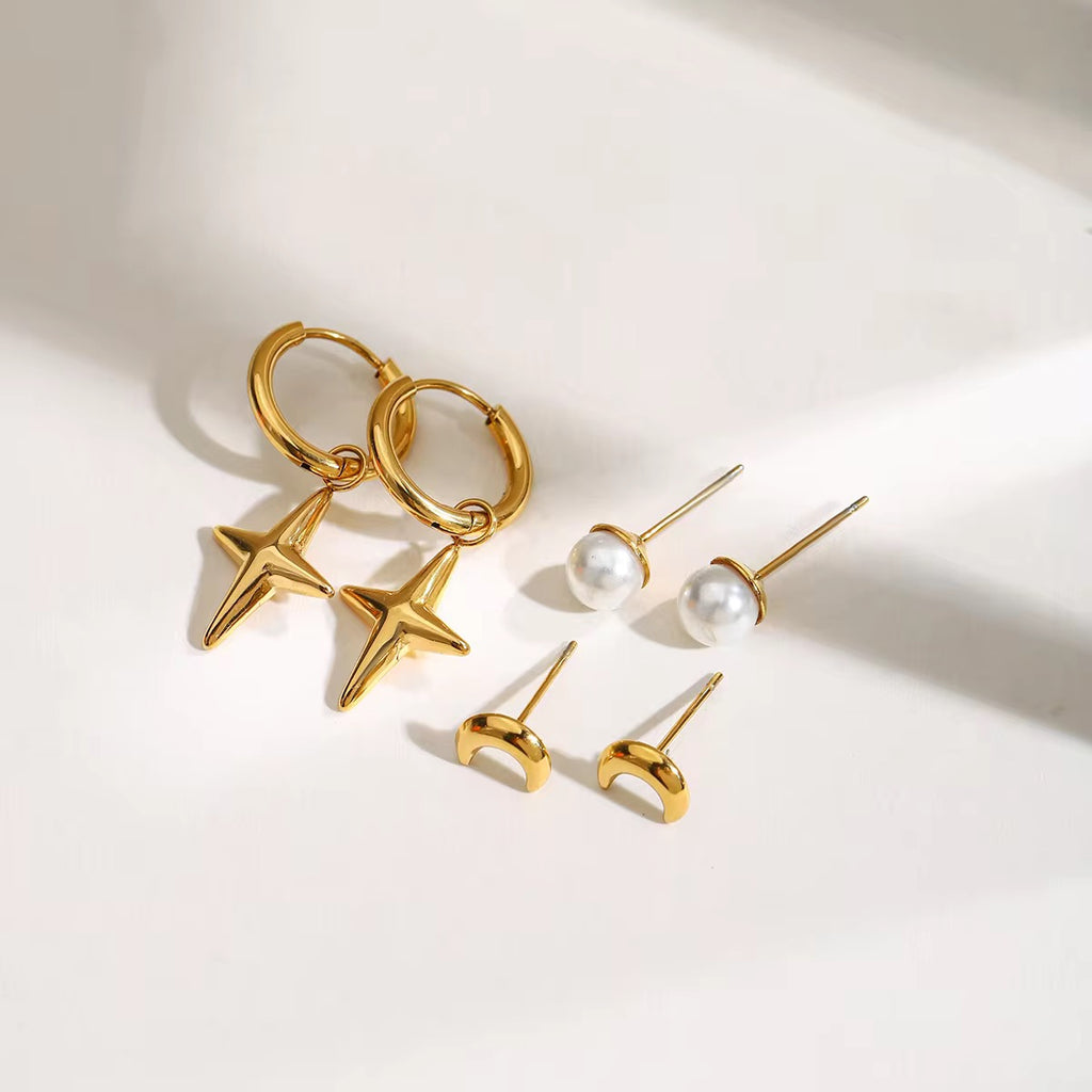 SunKissedBali || Stacking piercing set star moon shell earrings stainless steel 18K gold plated jewelry waterproof  tarnish free