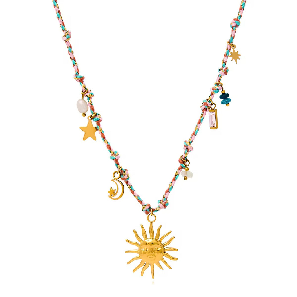 SunKissedBali || Sun Moon Star zirconia braided cord stainless steel 18K gold PVD plated necklace || Charms necklace || pendant summer jewelry || waterproof & tarnish free jewelry