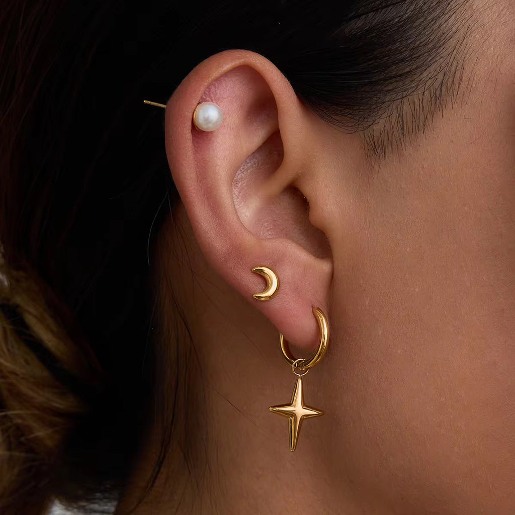 SunKissedBali || Stacking piercing set star moon shell earrings stainless steel 18K gold plated jewelry waterproof  tarnish free