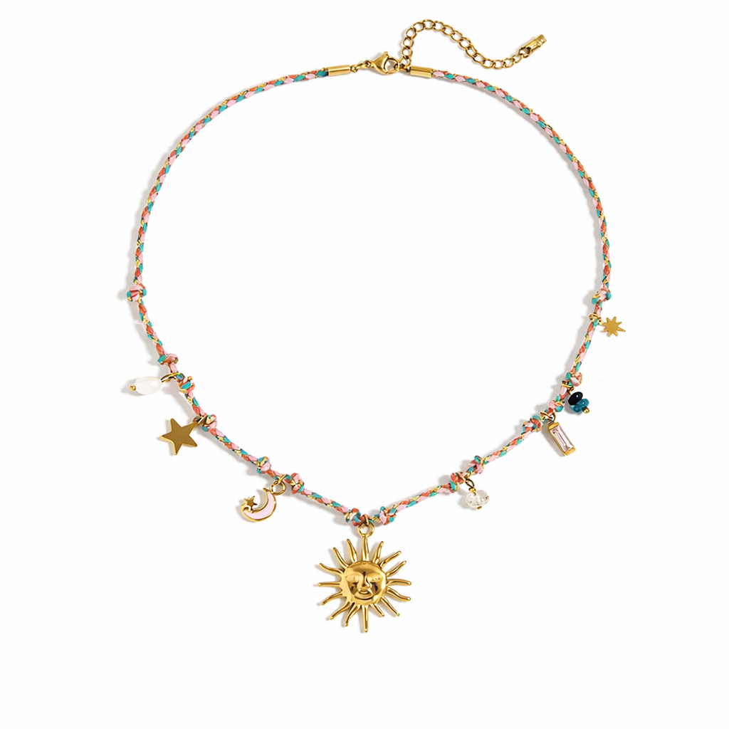 SunKissedBali || Sun Moon Star zirconia braided cord stainless steel 18K gold PVD plated necklace || Charms necklace || pendant summer jewelry || waterproof & tarnish free jewelry
