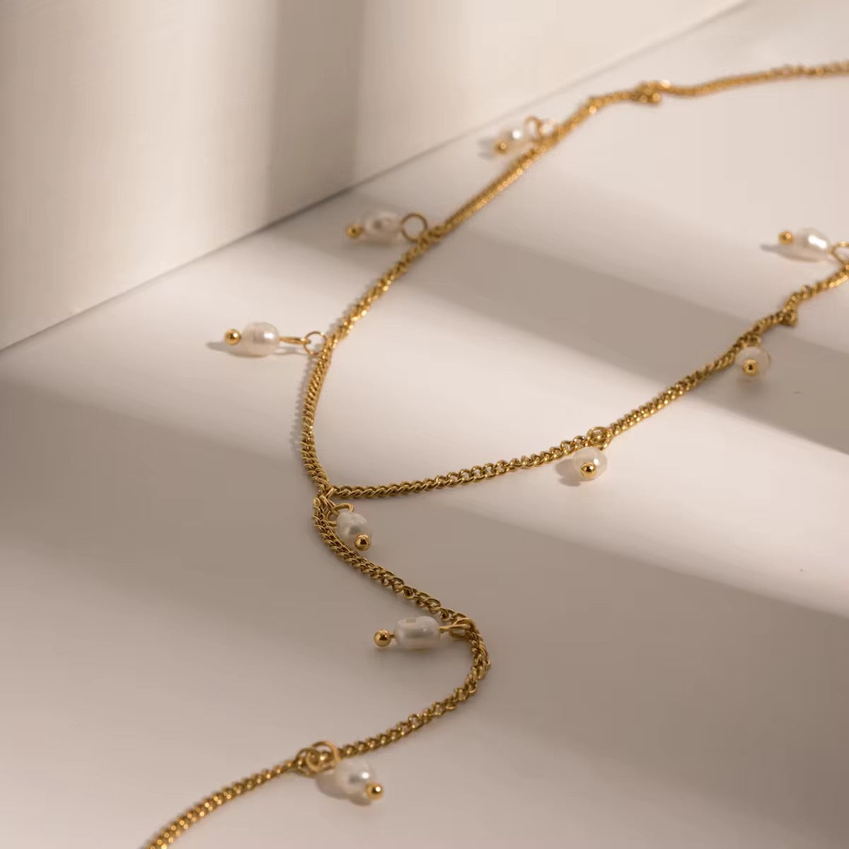 SunKissedBali || Y line freshwater pearl stainless steel 304 gold PVD plated necklace water resistant, tarnish free & hypoallergenic necklace