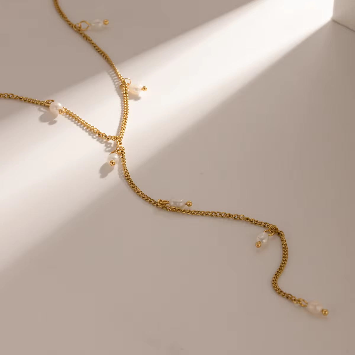 SunKissedBali || Y line freshwater pearl stainless steel 304 gold PVD plated necklace water resistant, tarnish free & hypoallergenic necklace