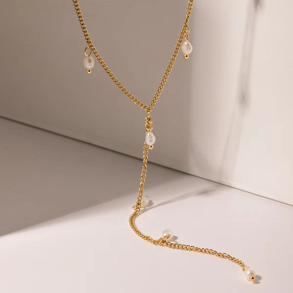 SunKissedBali || Y line freshwater pearl stainless steel 304 gold PVD plated necklace water resistant, tarnish free & hypoallergenic necklace