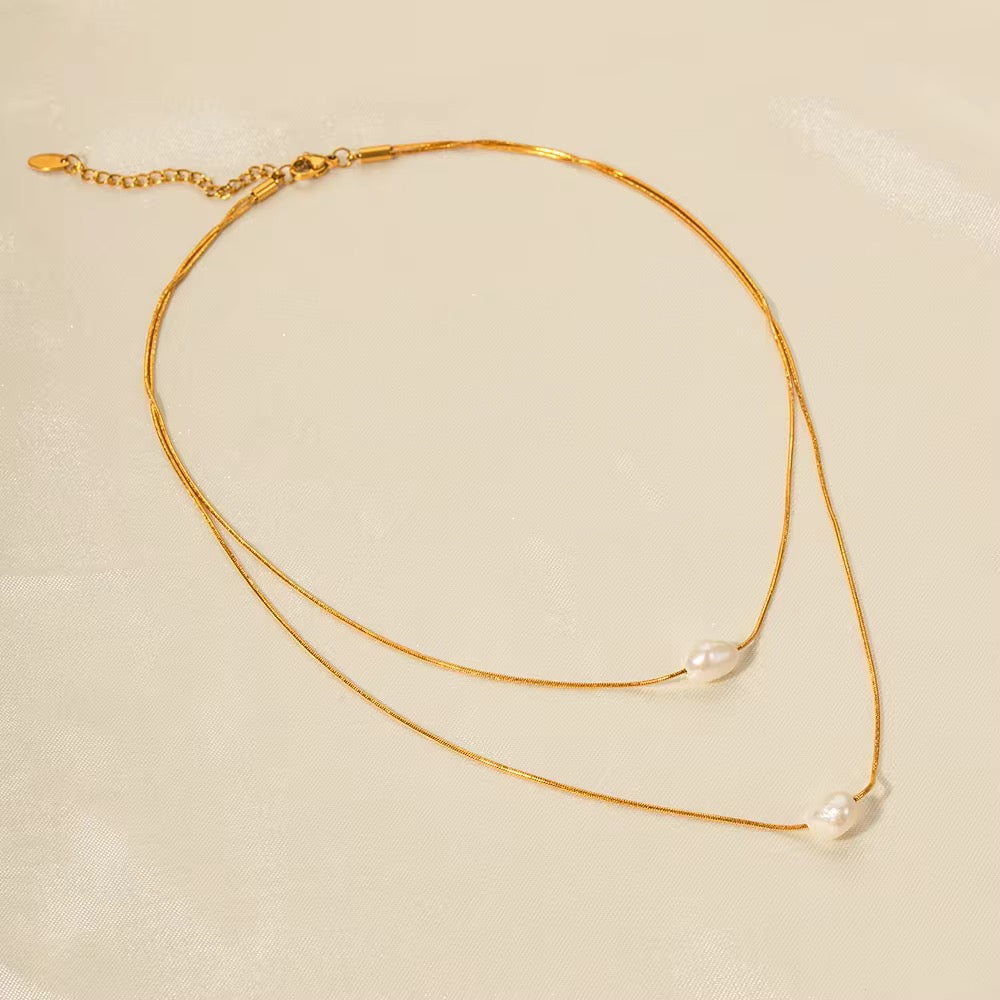 SunKissedBali || Two layers pearl stainless steel necklace || 18K PVD electro plating freshwater pearl || water resisntant, tarnish free jewelry