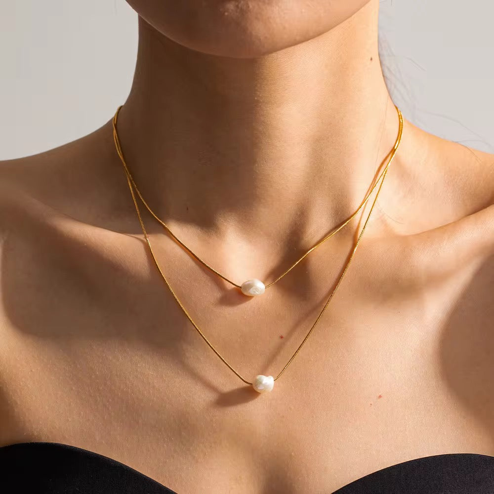 SunKissedBali || Two layers pearl stainless steel necklace || 18K PVD electro plating freshwater pearl || water resisntant, tarnish free jewelry