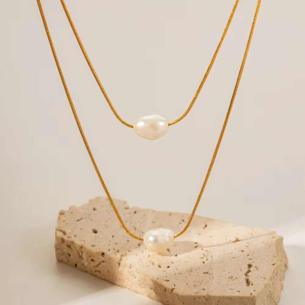 SunKissedBali || Two layers pearl stainless steel necklace || 18K PVD electro plating freshwater pearl || water resisntant, tarnish free jewelry