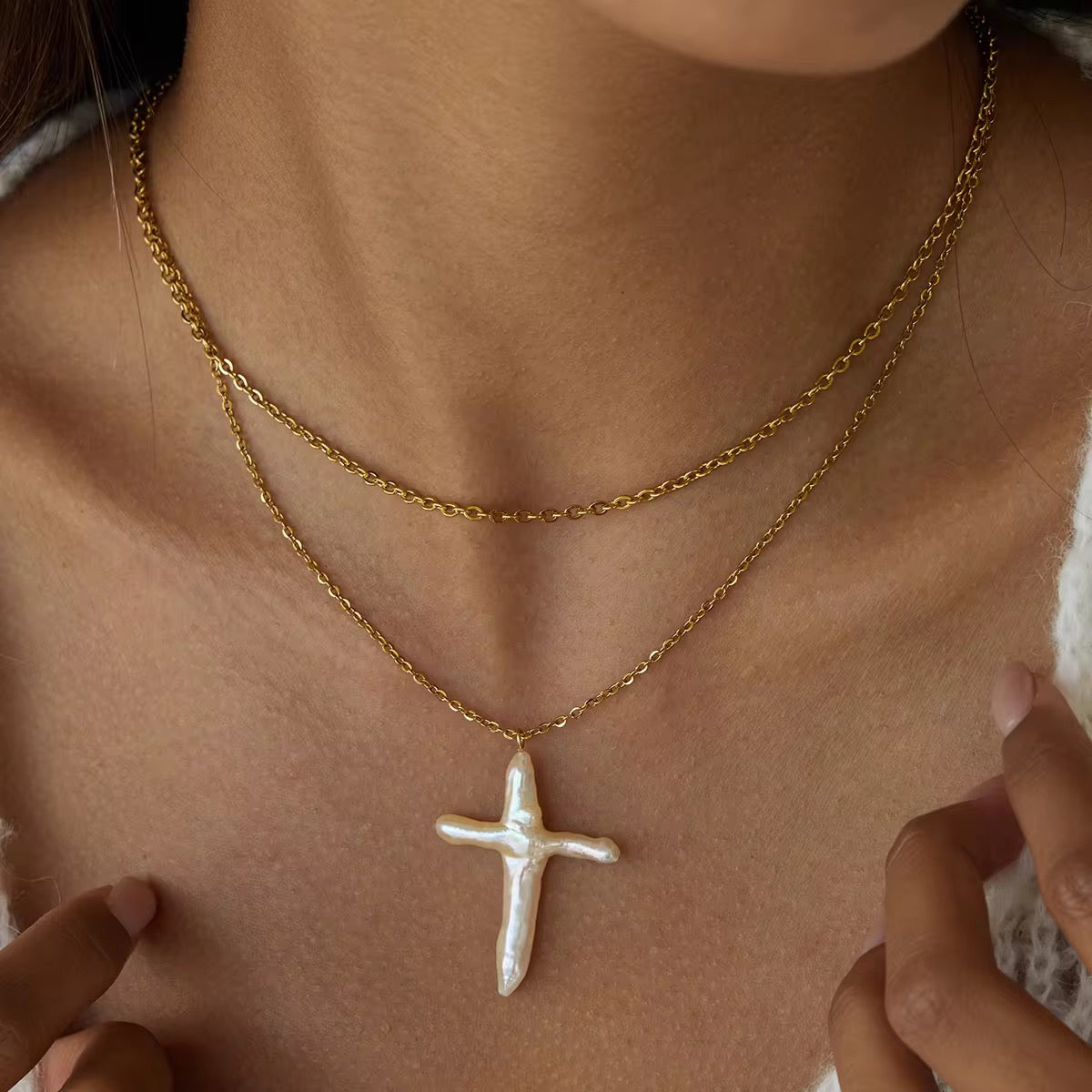 SunKissedBali || Freshwater pearl cross pendant two layered stainless steel 18K gold plated necklace || Waterproof, tarnish free & hypoallergenic jewelry