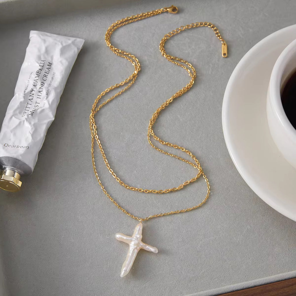 SunKissedBali || Freshwater pearl cross pendant two layered stainless steel 18K gold plated necklace || Waterproof, tarnish free & hypoallergenic jewelry