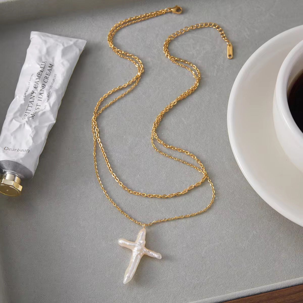 SunKissedBali || Freshwater pearl cross pendant two layered stainless steel 18K gold plated necklace || Waterproof, tarnish free & hypoallergenic jewelry