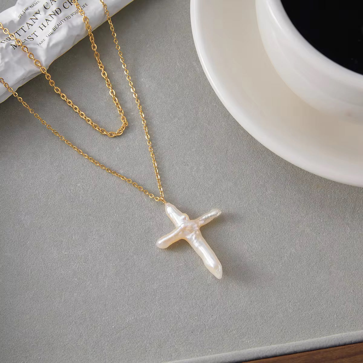 SunKissedBali || Freshwater pearl cross pendant two layered stainless steel 18K gold plated necklace || Waterproof, tarnish free & hypoallergenic jewelry