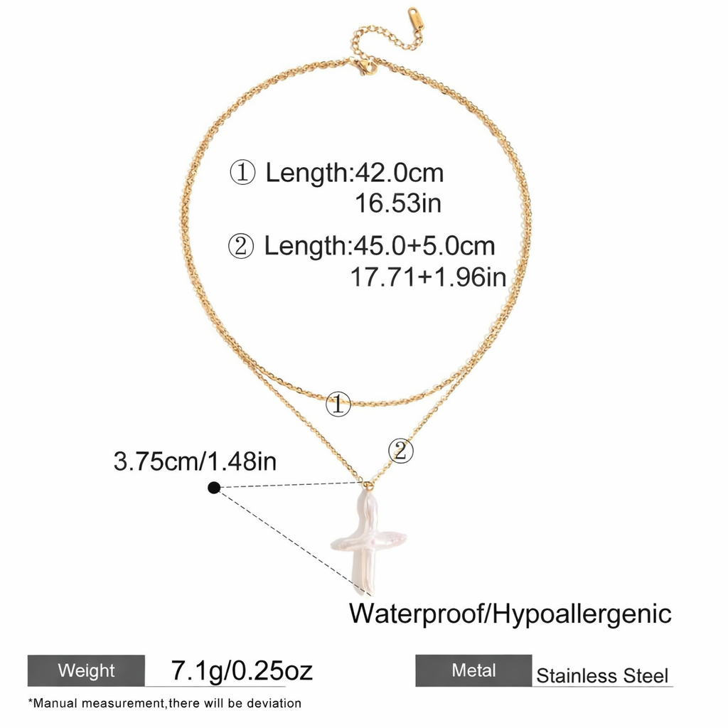 SunKissedBali || Freshwater pearl cross pendant two layered stainless steel 18K gold plated necklace || Waterproof, tarnish free & hypoallergenic jewelry