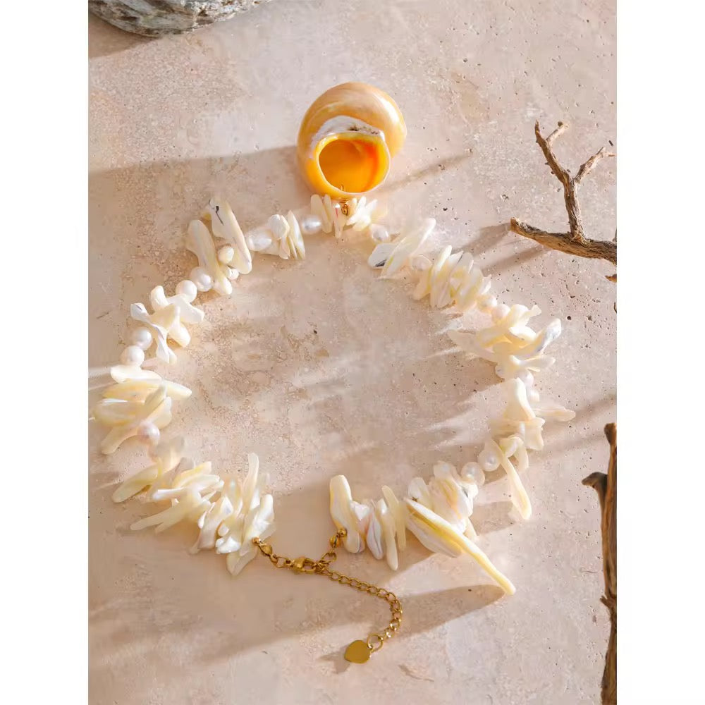 SunKissedBali || Real natural freshwater pearl, shell, conch natural beach summer stainless steel 18K gold PVD plated necklace || Water resistant, tarnish free 7 hypoallergenic