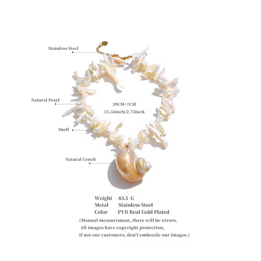 SunKissedBali || Real natural freshwater pearl, shell, conch natural beach summer stainless steel 18K gold PVD plated necklace || Water resistant, tarnish free 7 hypoallergenic