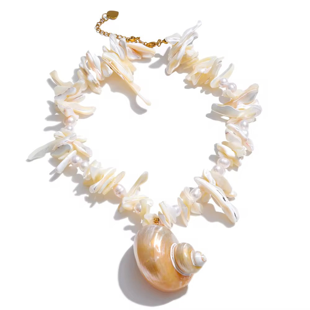 SunKissedBali || Real natural freshwater pearl, shell, conch natural beach summer stainless steel 18K gold PVD plated necklace || Water resistant, tarnish free 7 hypoallergenic