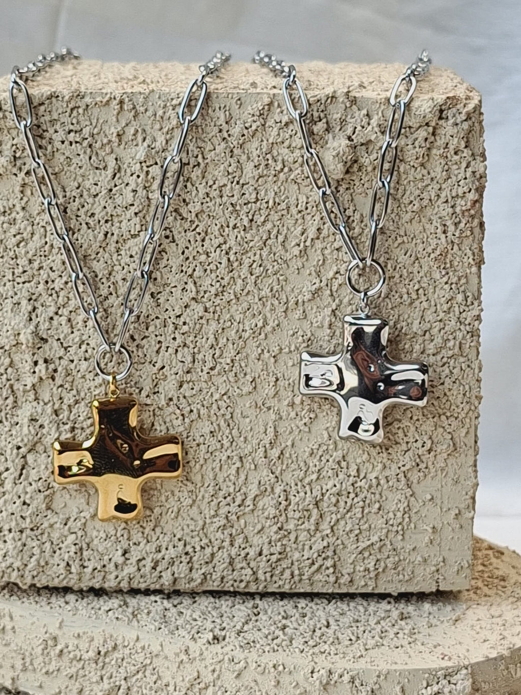 SunKissedBali || hydrolic cross pendant necklace stainless steel PVD 18K gold two tone silver color waterproof tarnish free paperclip chain