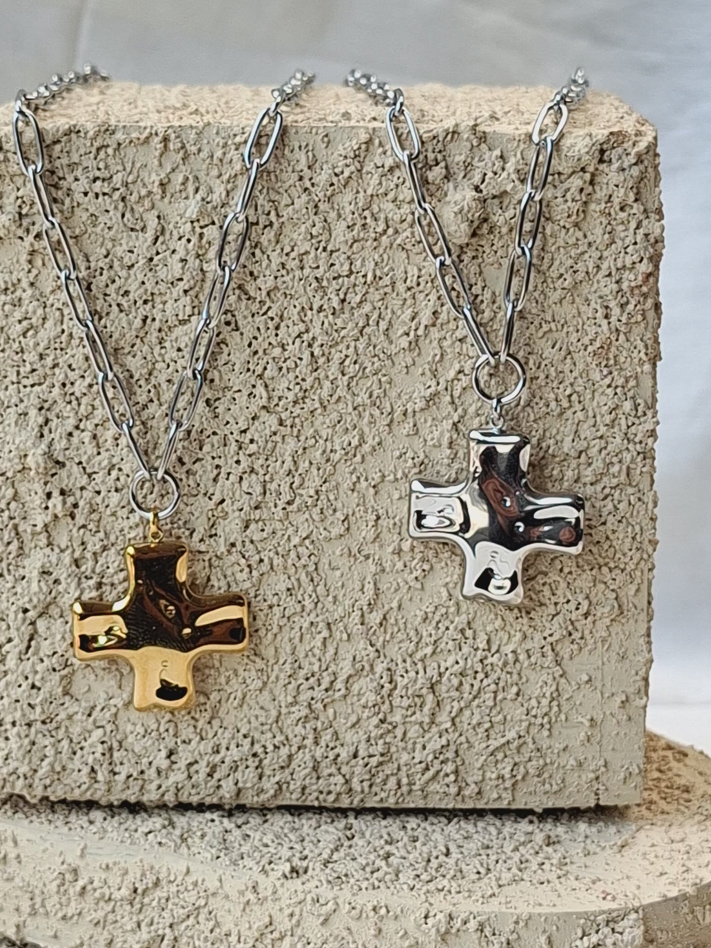 SunKissedBali || hydrolic cross pendant necklace stainless steel PVD 18K gold two tone silver color waterproof tarnish free paperclip chain