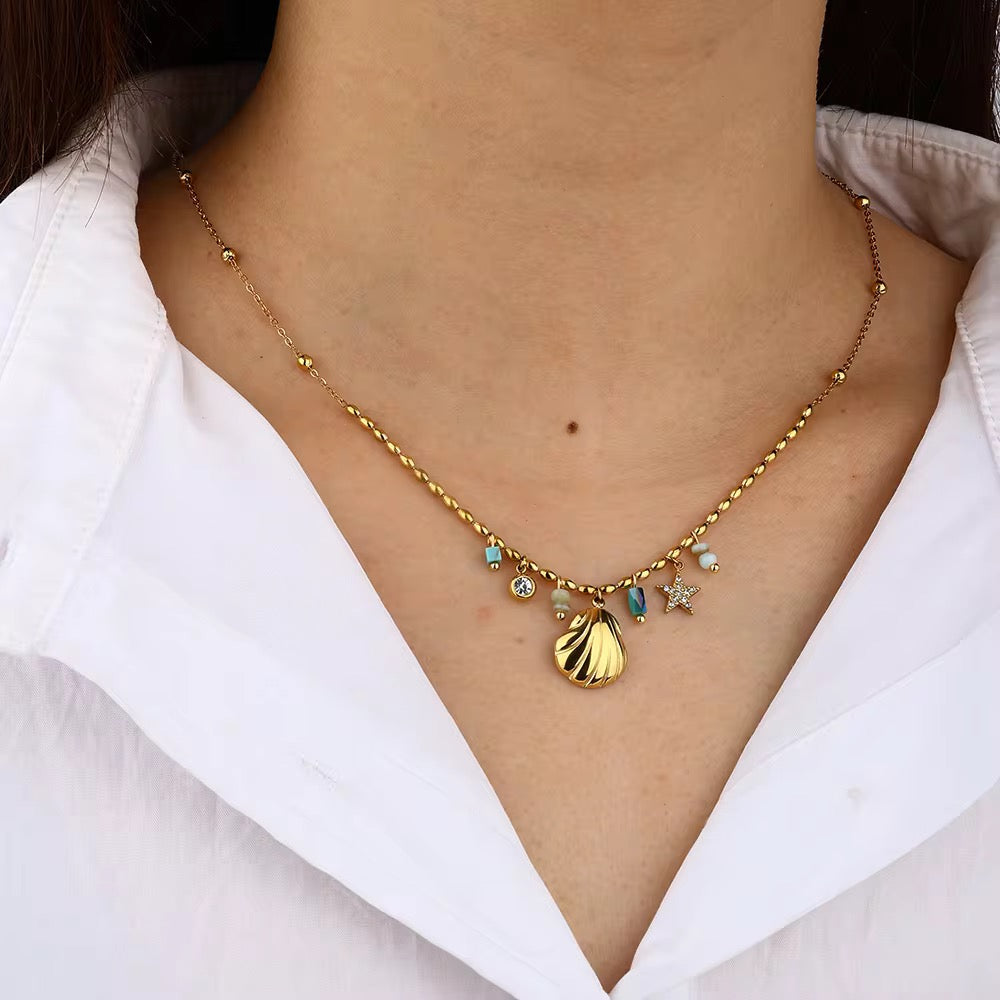 SunKissedBali || High end quality stainless steel 18K gold electro plating necklace beach theme shell ocean turqoise waterproof and tarnish free