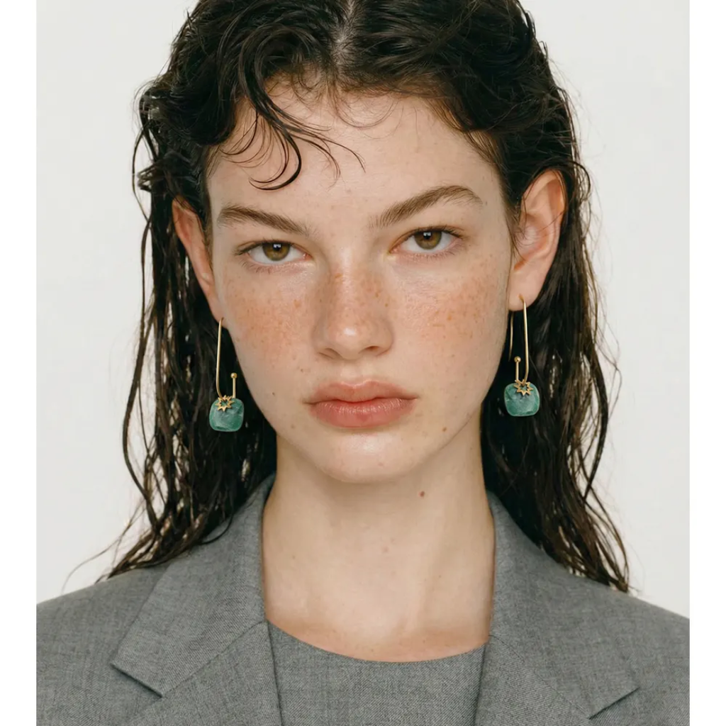 Sun Kissed Bali || Earring || Hot sales stone drop long dangle stainless steel earring white moonstone african jade 18K PVD Gold plated tarnish free SKB6131A SKB6132A