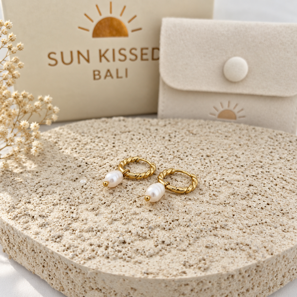 Sun Kissed Bali || Earring || Freshwater pearl twisted delicate hoops earring waterproof tarnish free stainless steel 18K gold coated high quality fashion jewelry SKB202193