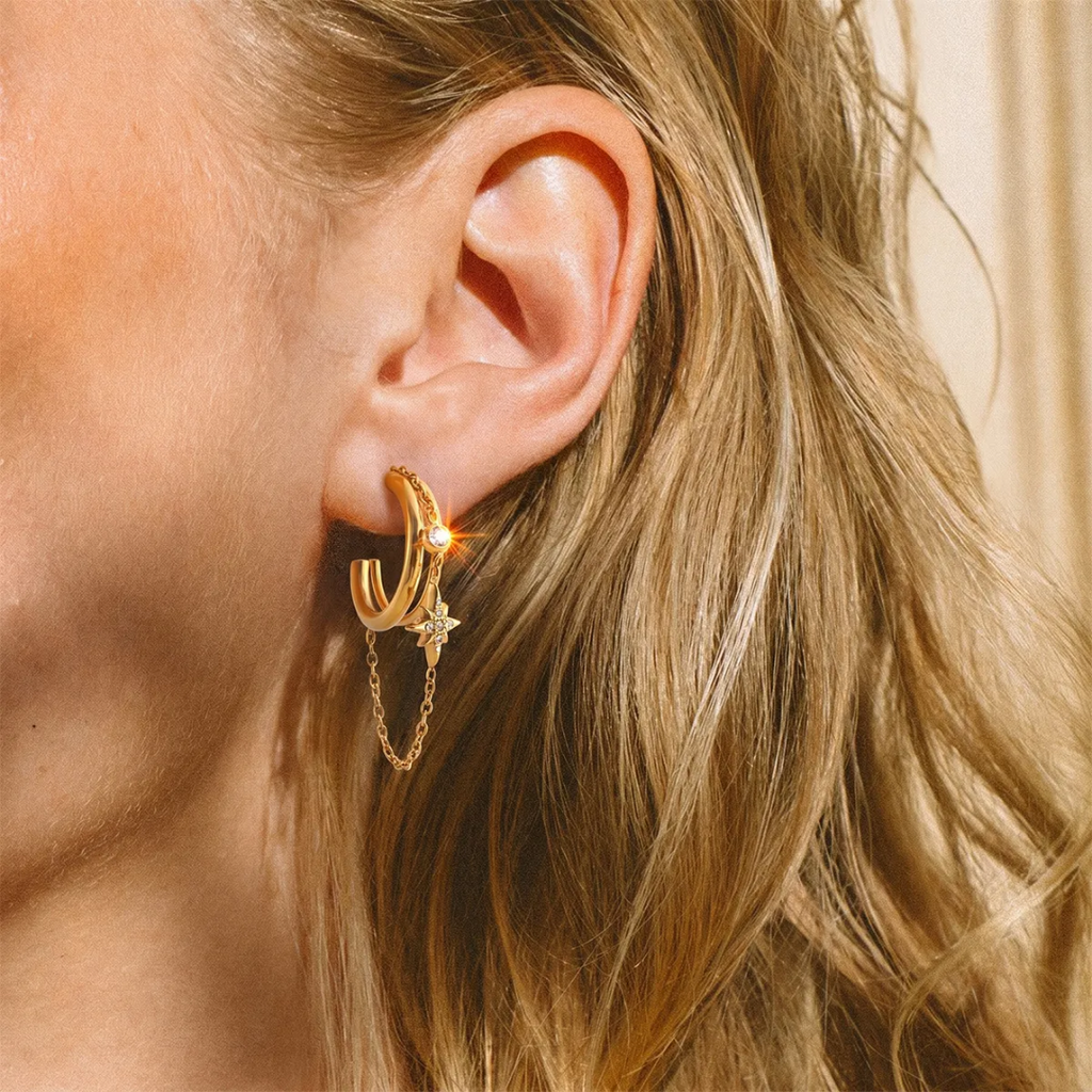 Sun Kissed Bali || Earring || Pointed star tassel double layers hoop earring double finger linked zircon stainless steel 316 with 18K PVD Gold coated waterproof tarnish free