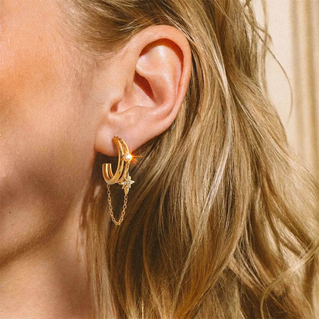 Sun Kissed Bali || Earring || Pointed star tassel double layers hoop earring double finger linked zircon stainless steel 316 with 18K PVD Gold coated waterproof tarnish free