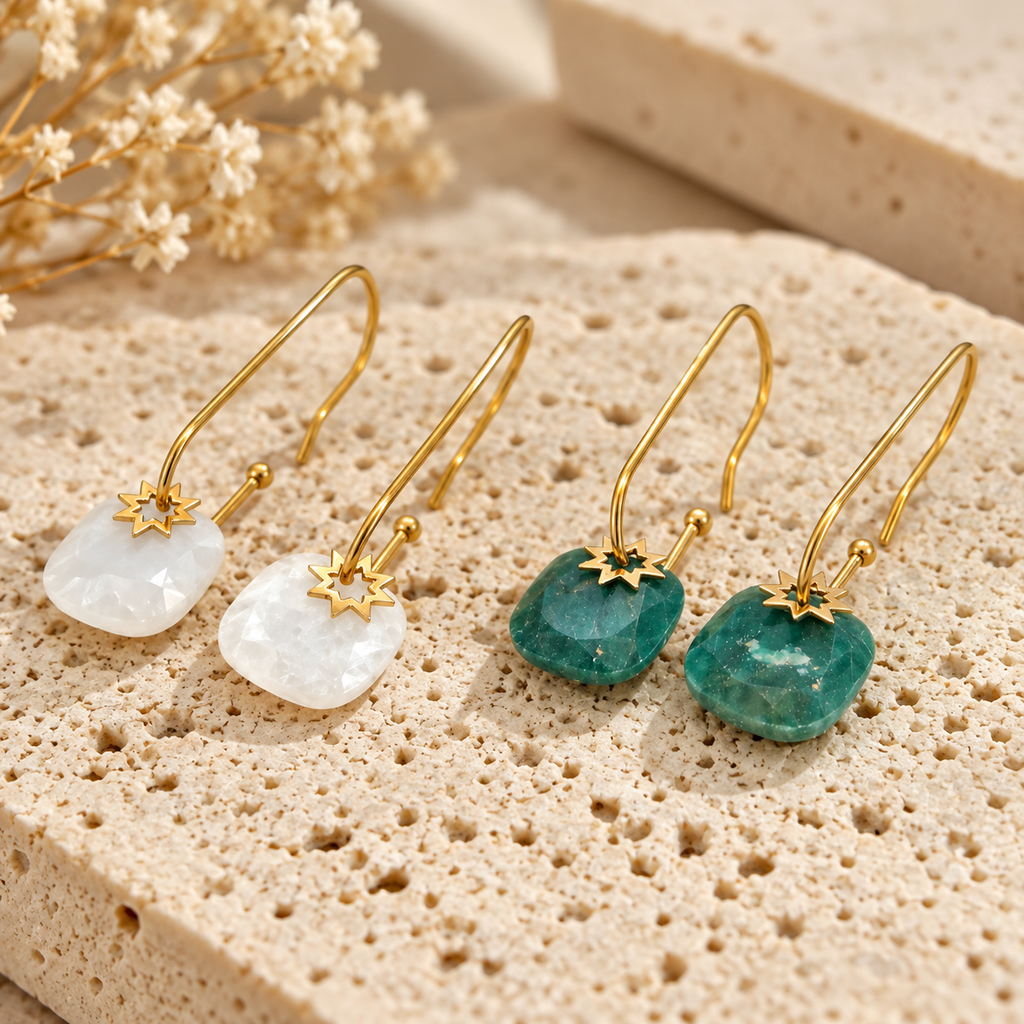 Sun Kissed Bali || Earring || Hot sales stone drop long dangle stainless steel earring white moonstone african jade 18K PVD Gold plated tarnish free SKB6131A SKB6132A