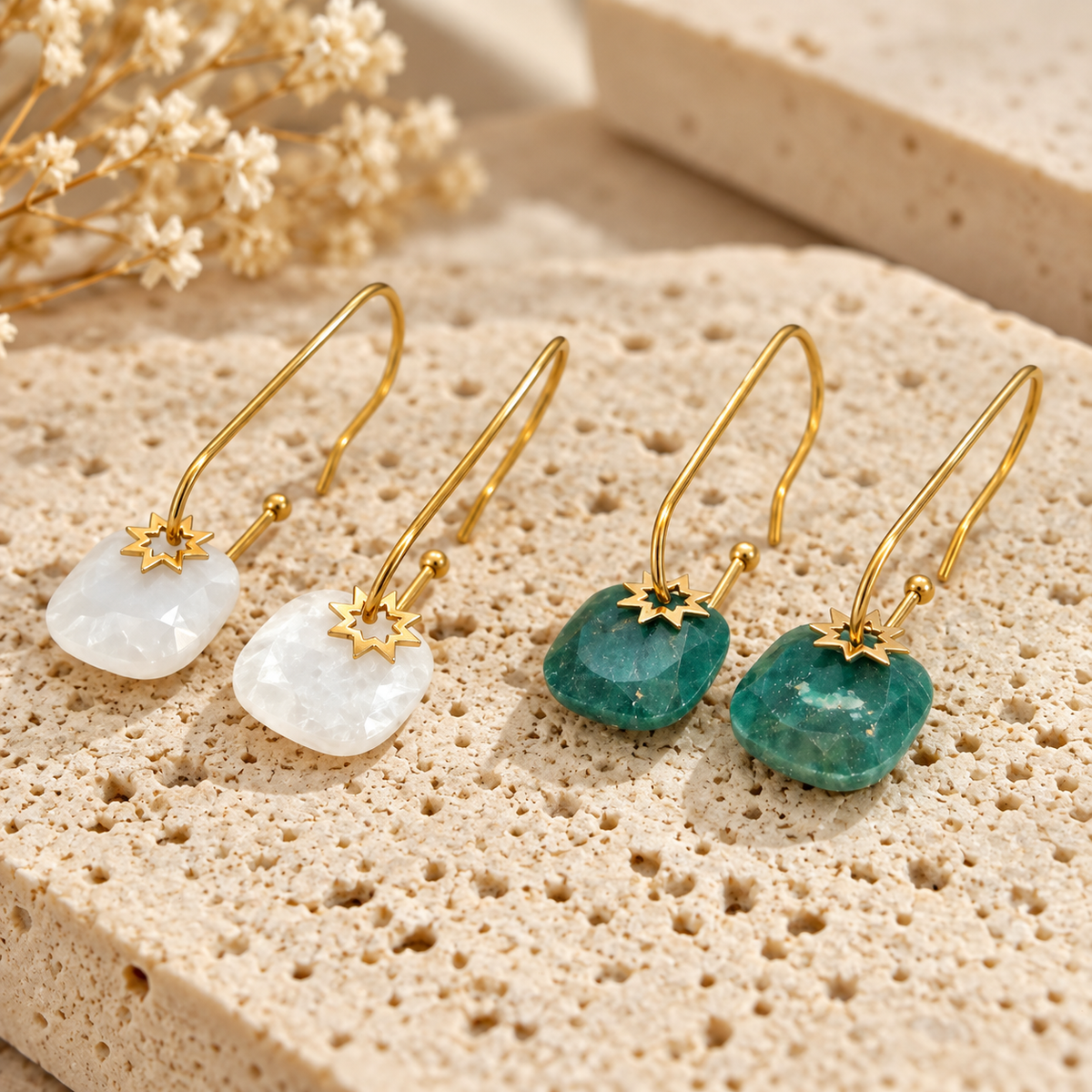 Sun Kissed Bali || Earring || Hot sales stone drop long dangle stainless steel earring white moonstone african jade 18K PVD Gold plated tarnish free SKB6131A SKB6132A