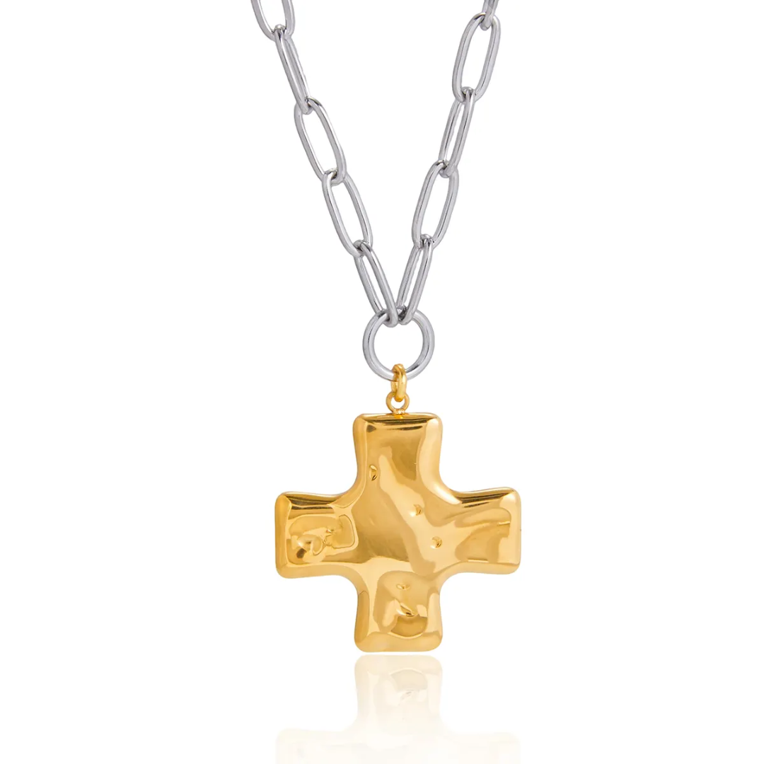 SunKissedBali || hydrolic cross pendant necklace stainless steel PVD 18K gold two tone silver color waterproof tarnish free paperclip chain