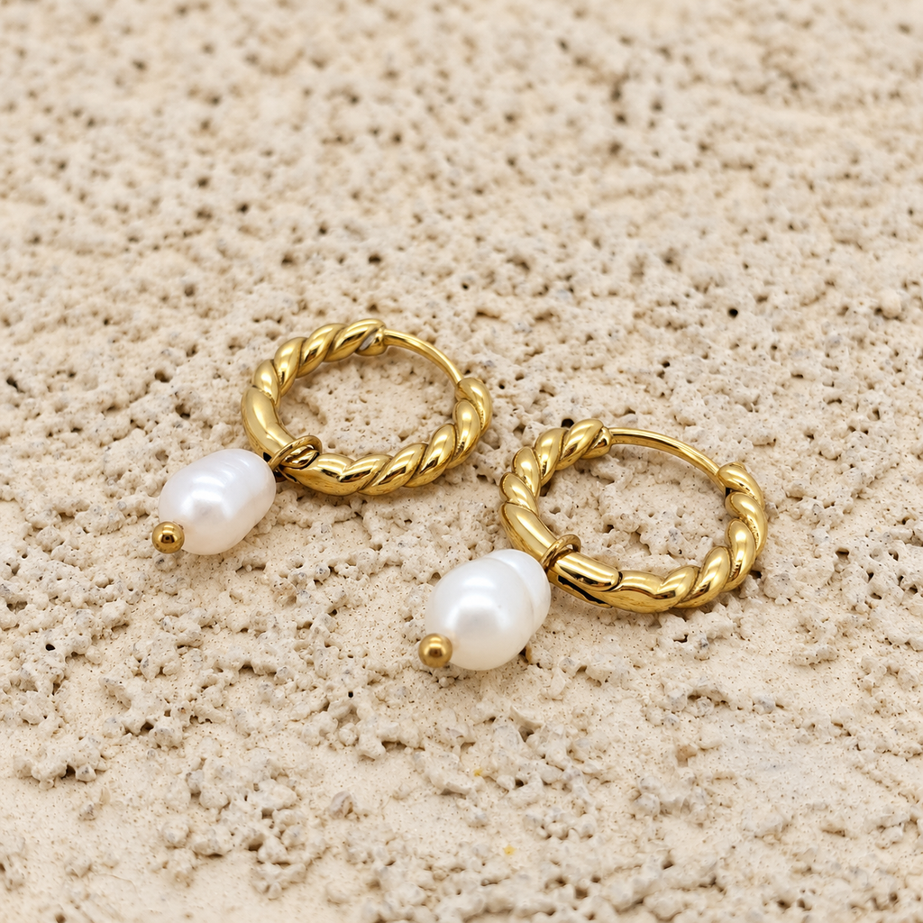 Sun Kissed Bali || Earring || Freshwater pearl twisted delicate hoops earring waterproof tarnish free stainless steel 18K gold coated high quality fashion jewelry SKB202193