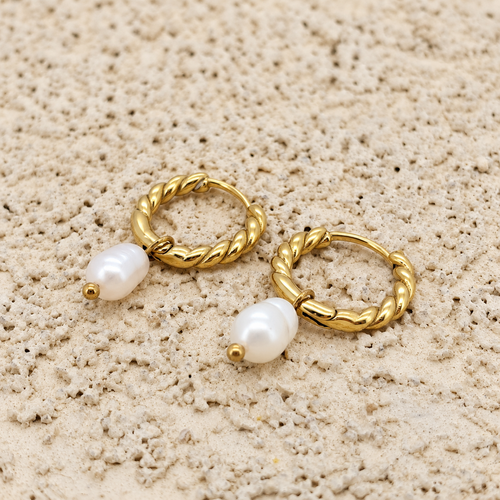 Sun Kissed Bali || Earring || Freshwater pearl twisted delicate hoops earring waterproof tarnish free stainless steel 18K gold coated high quality fashion jewelry SKB202193