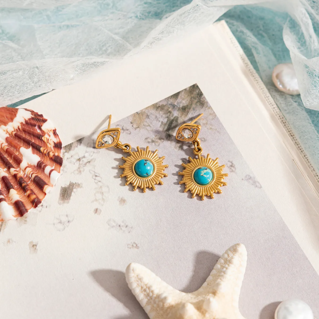 Sun Kissed Bali || Earring || Sun Pirus Stone stainless steel 316 18K gold PVD coated waterproof tarnish free stud devil eye earring
