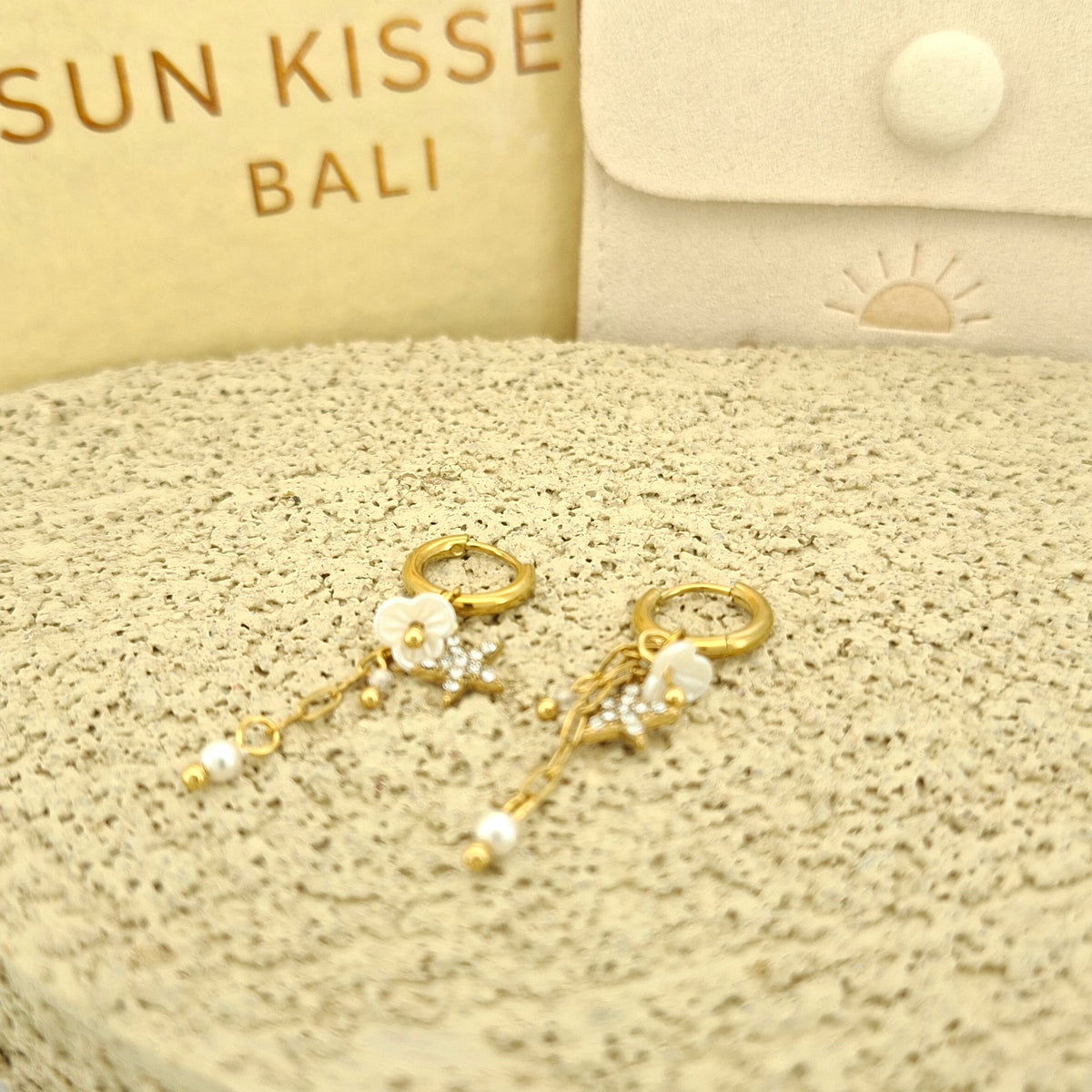 Sun Kissed Bali || Earring || Rhinestone pearl star tassel minimalist hoop earring white flower stainless steel 316L 18K gold PVD plated water resistant sweat resistant tarnish free hypoallergenic jewelry SKB0203011
