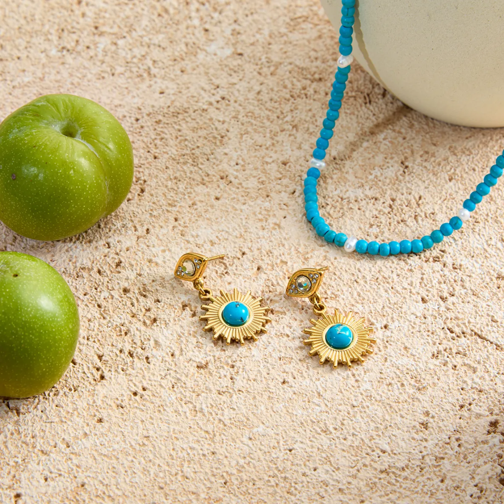 Sun Kissed Bali || Earring || Sun Pirus Stone stainless steel 316 18K gold PVD coated waterproof tarnish free stud devil eye earring