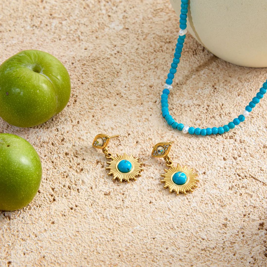 Sun Kissed Bali || Earring || Sun Pirus Stone stainless steel 316 18K gold PVD coated waterproof tarnish free stud devil eye earring
