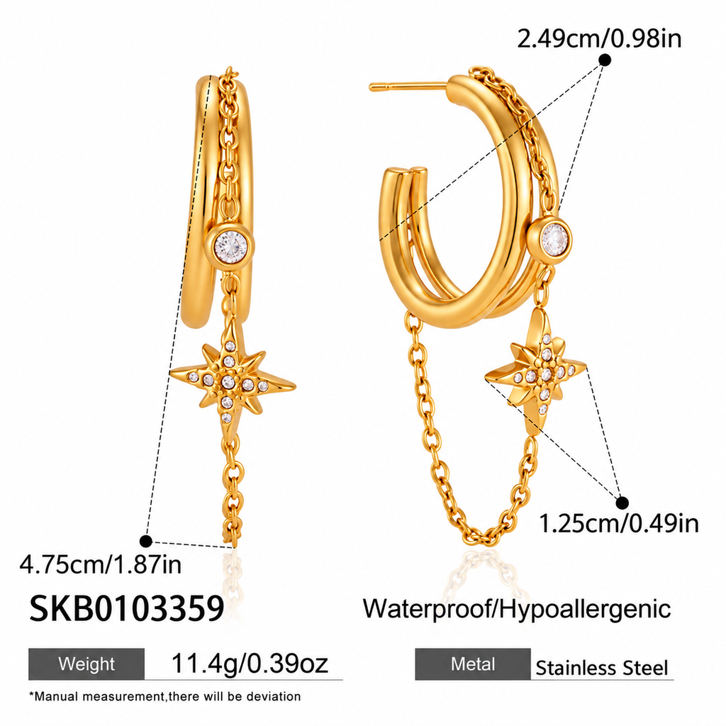 Sun Kissed Bali || Earring || Pointed star tassel double layers hoop earring double finger linked zircon stainless steel 316 with 18K PVD Gold coated waterproof tarnish free