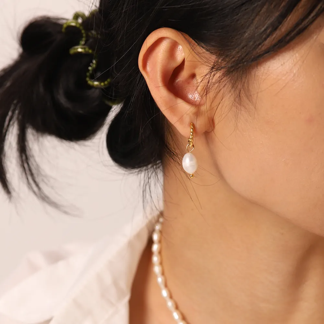 Sun Kissed Bali || Earring || Freshwater pearl twisted delicate hoops earring waterproof tarnish free stainless steel 18K gold coated high quality fashion jewelry SKB202193