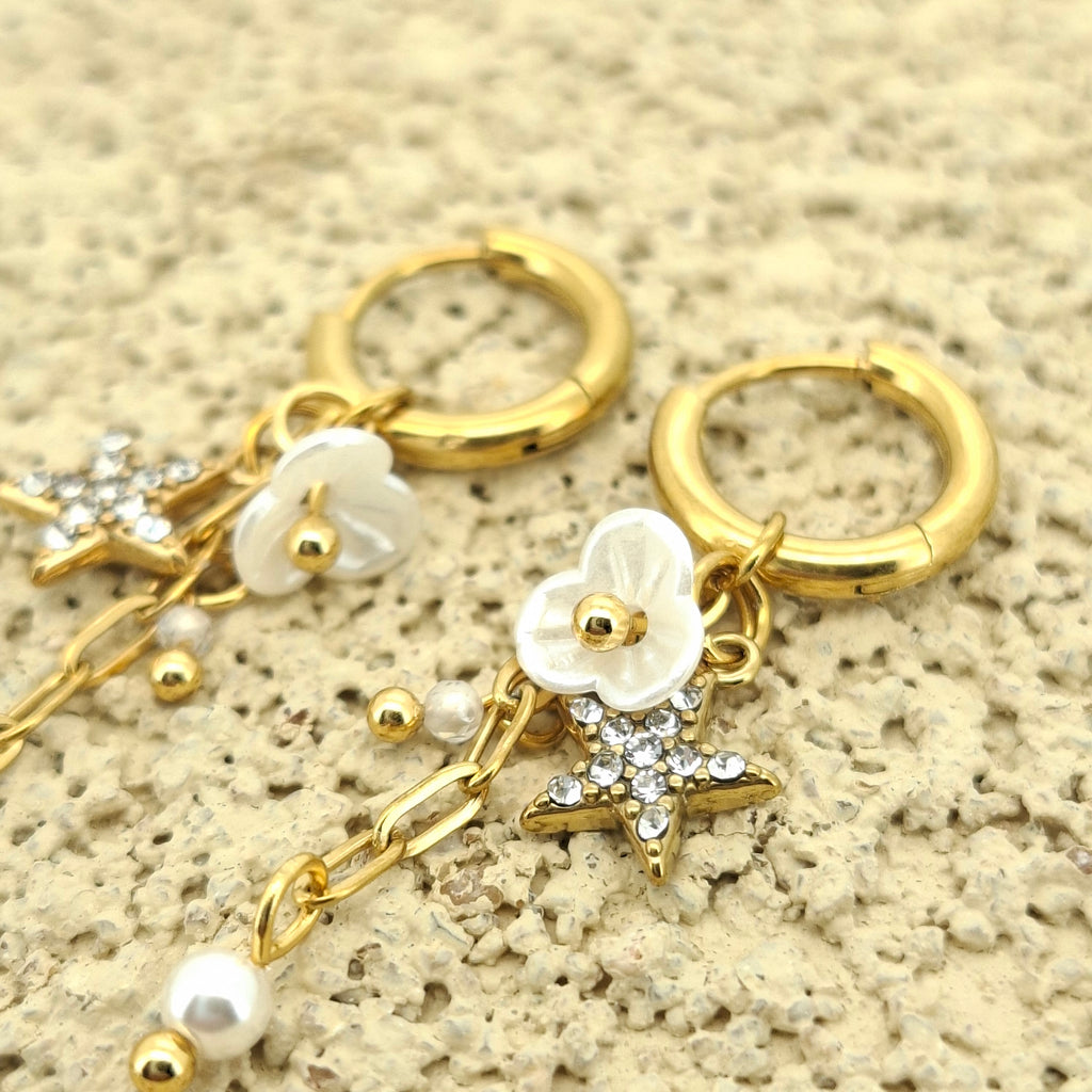 Sun Kissed Bali || Earring || Rhinestone pearl star tassel minimalist hoop earring white flower stainless steel 316L 18K gold PVD plated water resistant sweat resistant tarnish free hypoallergenic jewelry SKB0203011