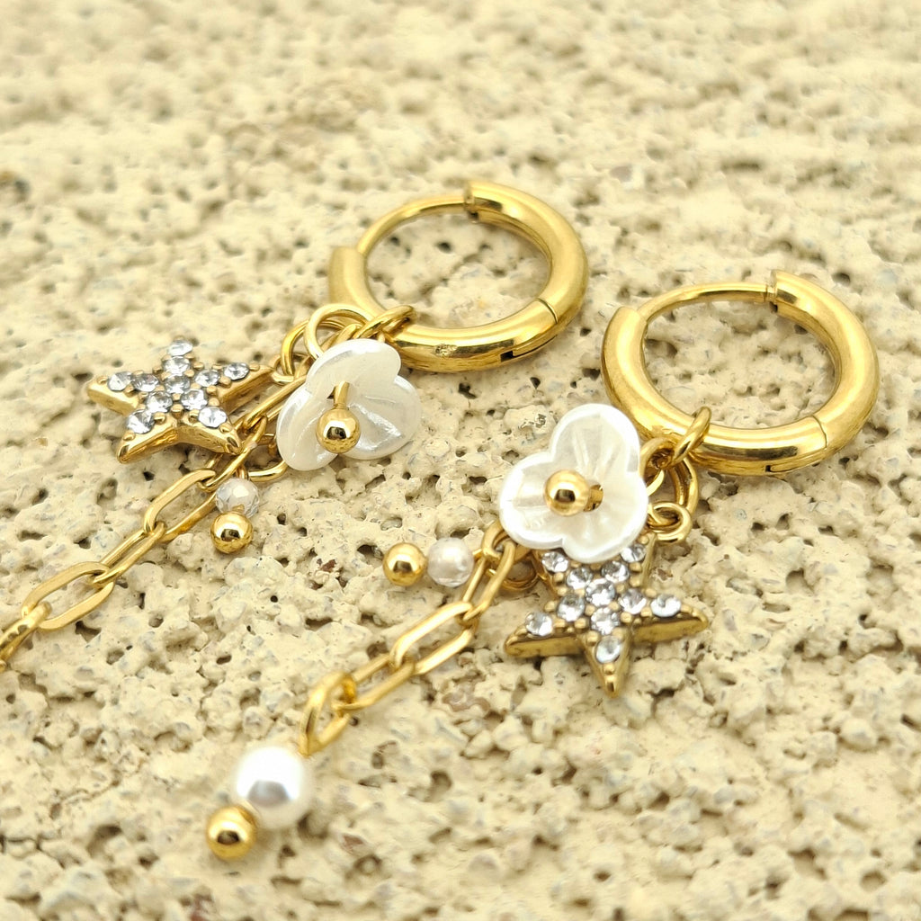 Sun Kissed Bali || Earring || Rhinestone pearl star tassel minimalist hoop earring white flower stainless steel 316L 18K gold PVD plated water resistant sweat resistant tarnish free hypoallergenic jewelry SKB0203011