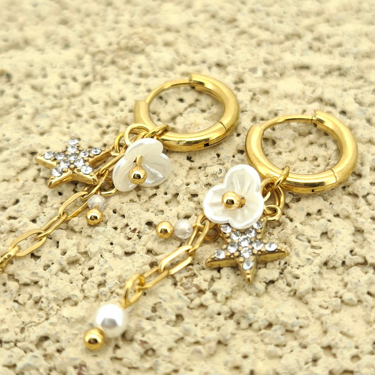 Sun Kissed Bali || Earring || Rhinestone pearl star tassel minimalist hoop earring white flower stainless steel 316L 18K gold PVD plated water resistant sweat resistant tarnish free hypoallergenic jewelry SKB0203011