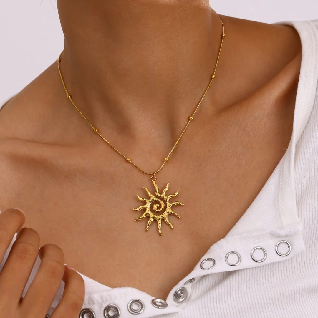 SunKissedBali || Sun aura necklace stainless steel hand polished 18K golf electro plating multiple times waterproof, tarnish free and hypoallergenic