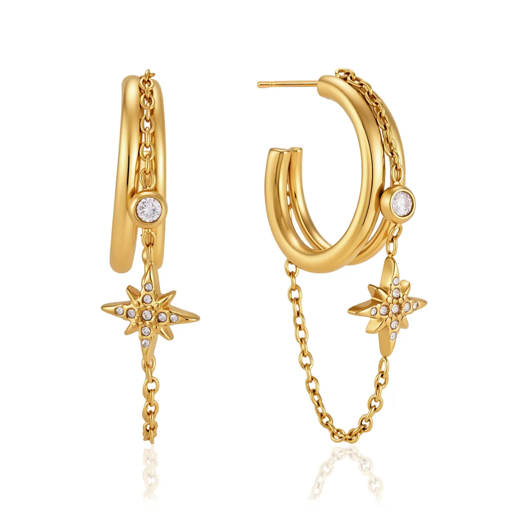 Sun Kissed Bali || Earring || Pointed star tassel double layers hoop earring double finger linked zircon stainless steel 316 with 18K PVD Gold coated waterproof tarnish free