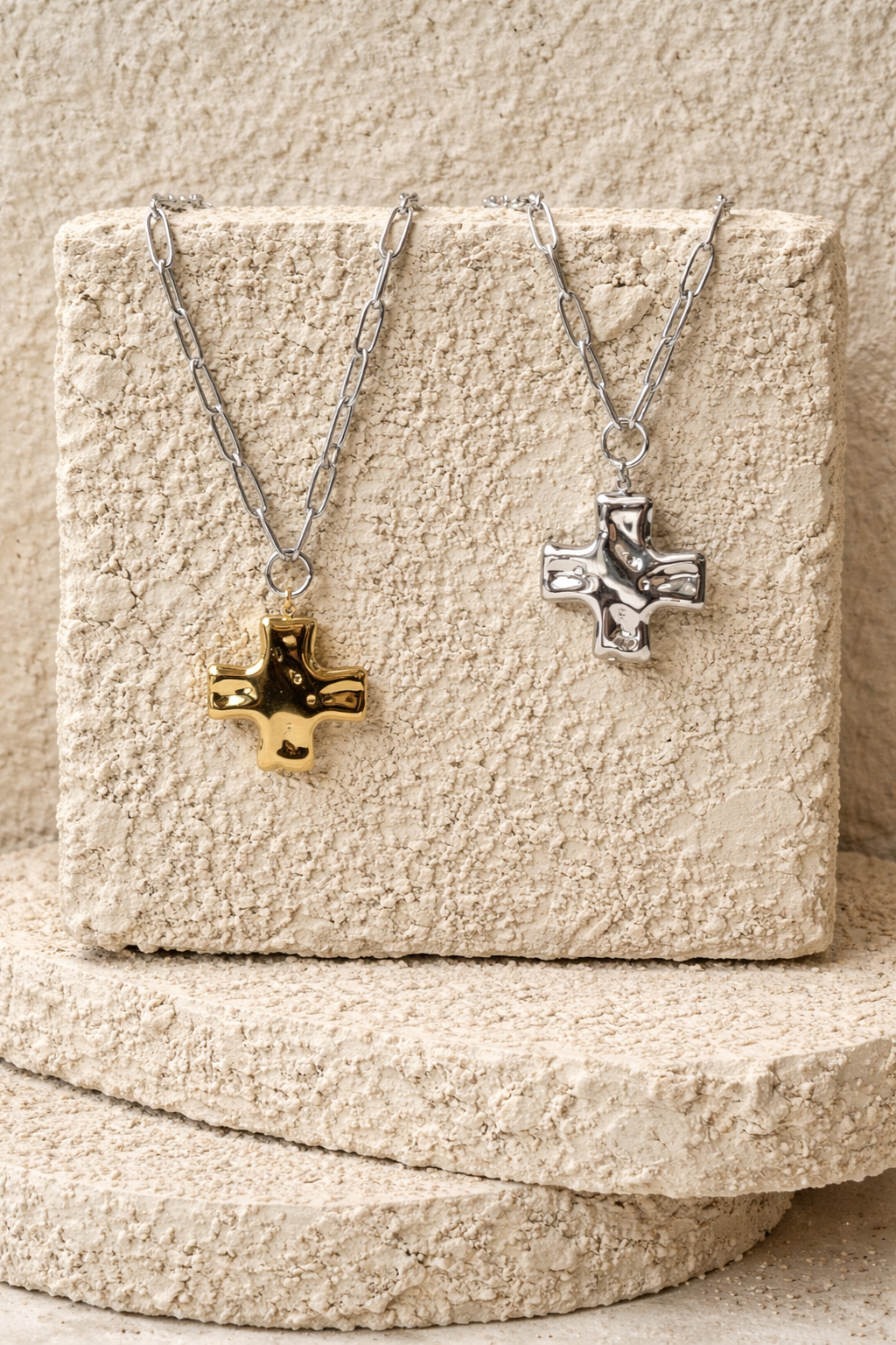 SunKissedBali || hydrolic cross pendant necklace stainless steel PVD 18K gold two tone silver color waterproof tarnish free paperclip chain