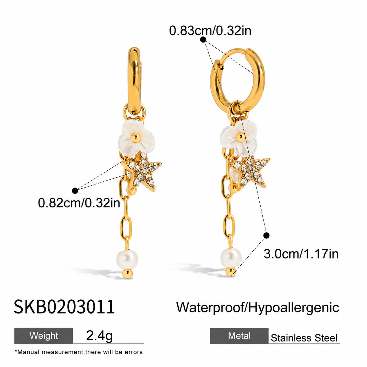 Sun Kissed Bali || Earring || Rhinestone pearl star tassel minimalist hoop earring white flower stainless steel 316L 18K gold PVD plated water resistant sweat resistant tarnish free hypoallergenic jewelry SKB0203011