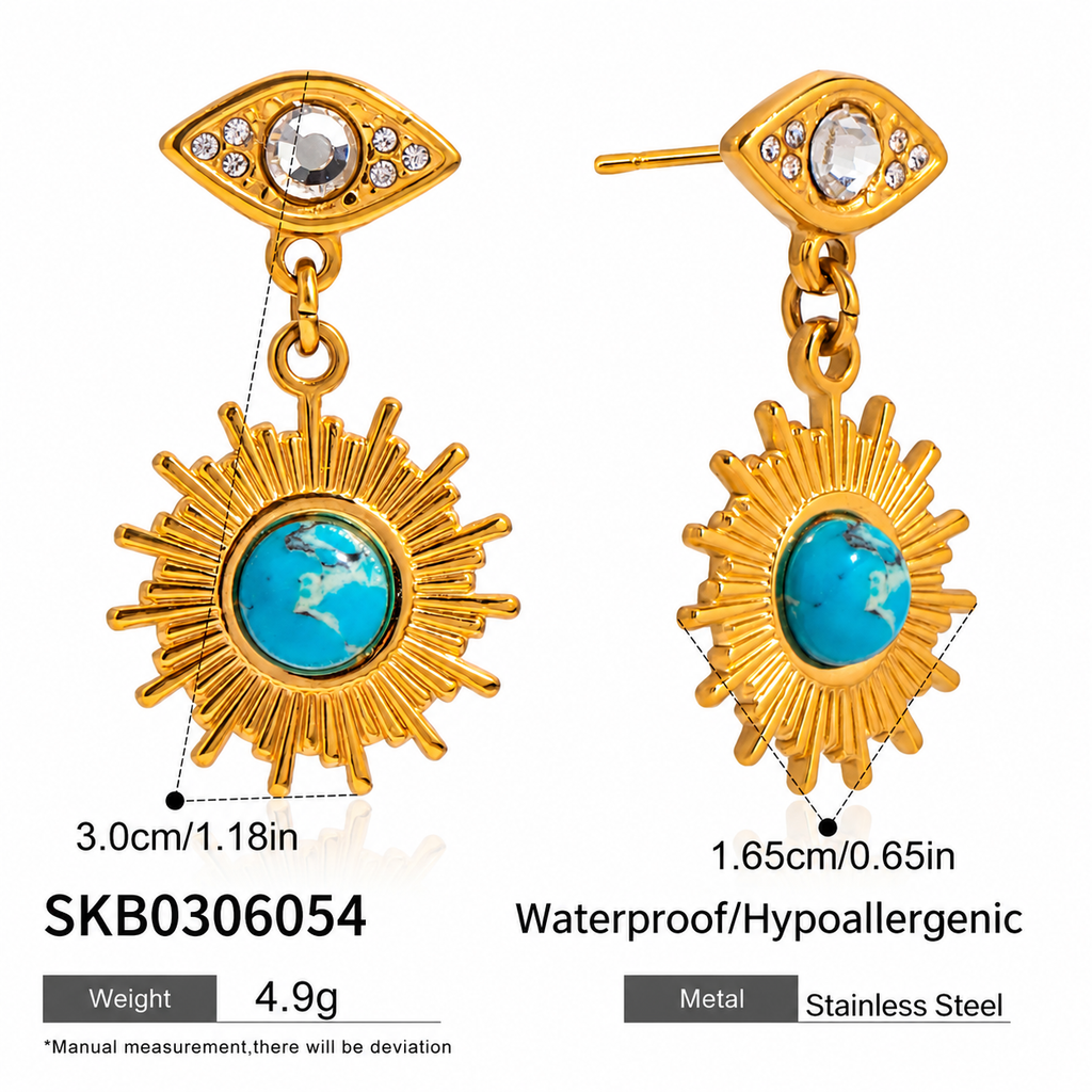 Sun Kissed Bali || Earring || Sun Pirus Stone stainless steel 316 18K gold PVD coated waterproof tarnish free stud devil eye earring