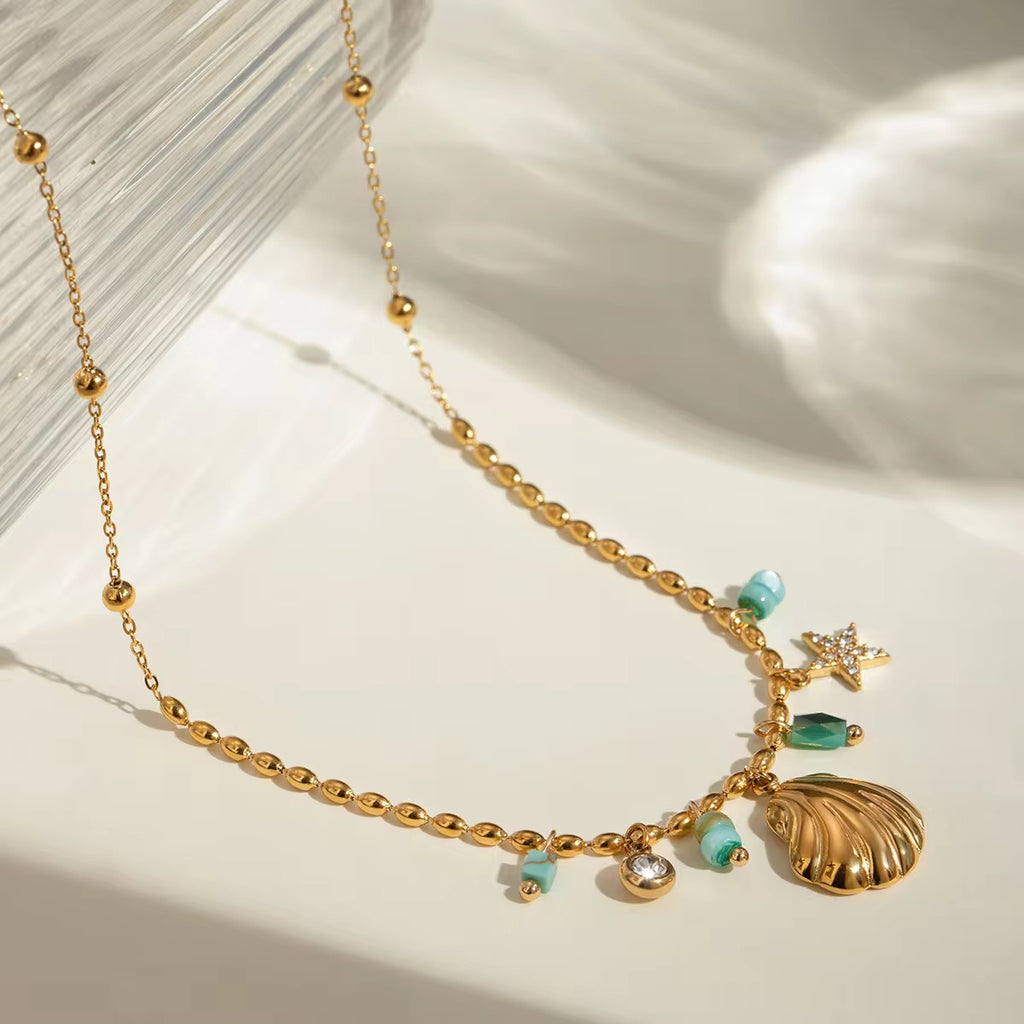 SunKissedBali || High end quality stainless steel 18K gold electro plating necklace beach theme shell ocean turqoise waterproof and tarnish free